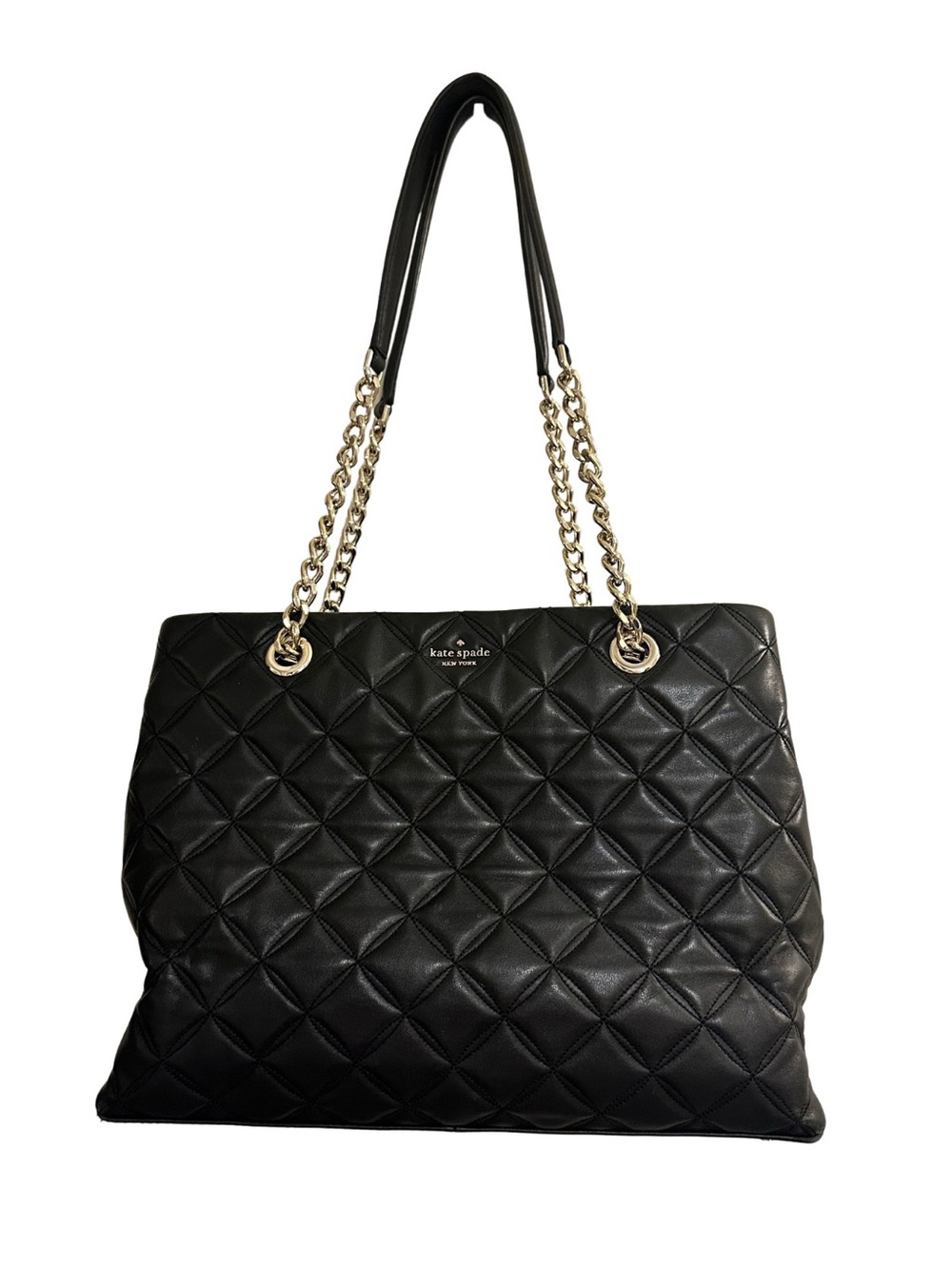 kate spade Black Quilted Leather Shoulder Tote with Gold Chain Straps